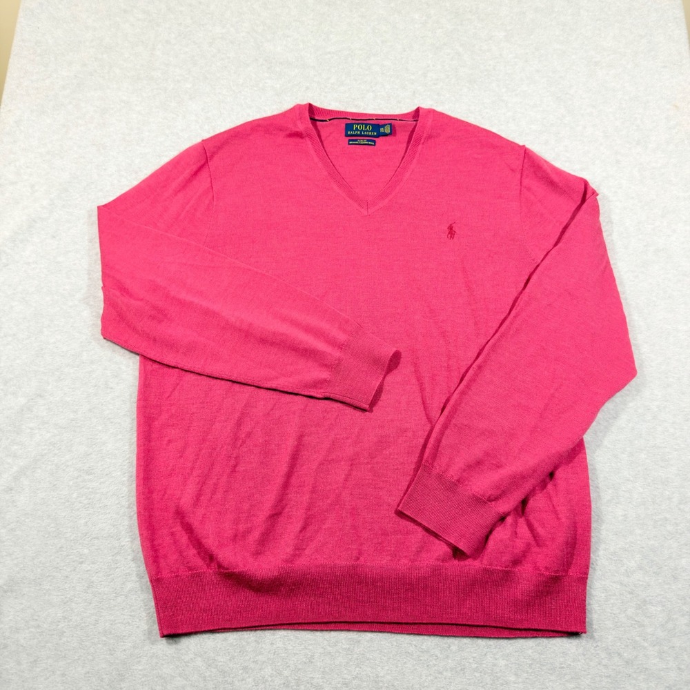 Polo Ralph Lauren Sweater Mens XXL Pink Excellent Slim Fit Merino Wool V-Neck